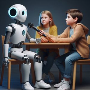 Ein Junge und ein Mädchen interviewen einen Roboter. Der Junge hält ein Mikrofon. 